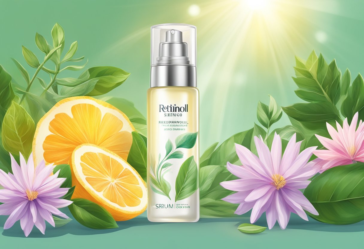 A clear glass bottle of retinol serum surrounded by botanical ingredients and a radiant sunburst in the background