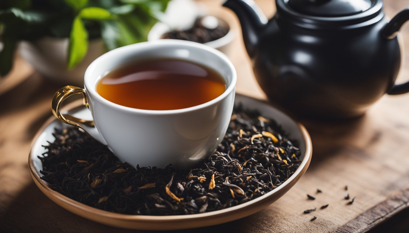 A teapot filled with black tea, loose leaves, and a cup ready to be poured, capturing the rich color and aroma