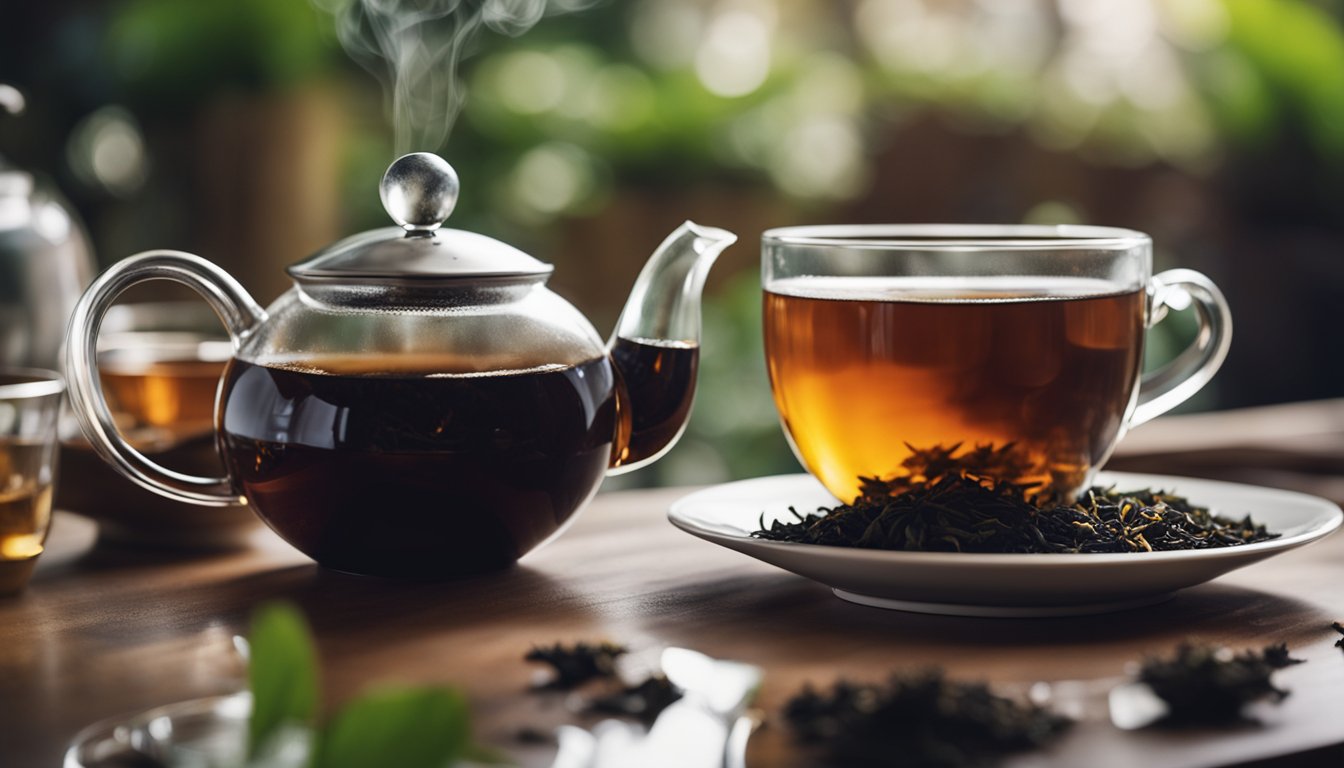 A teapot filled with black tea, loose leaves, and a cup ready to be poured, capturing the rich color and aroma of the tea