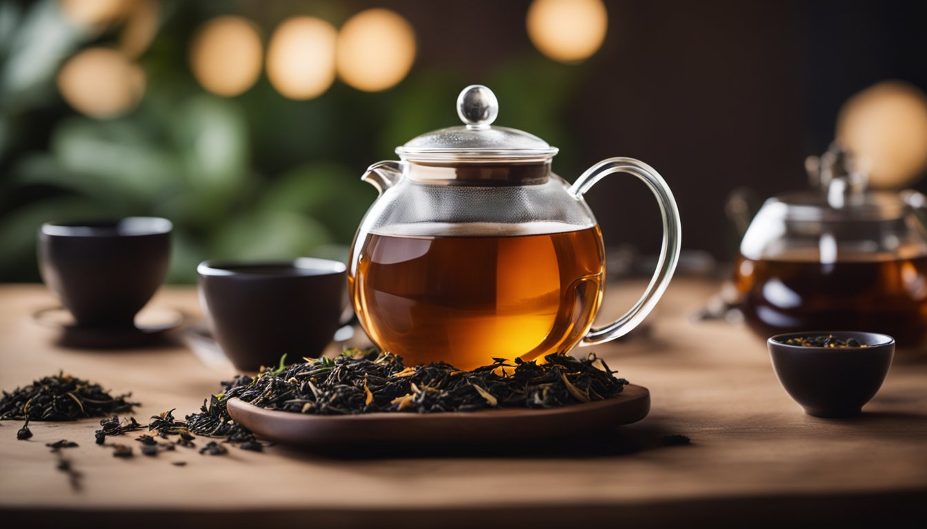 A teapot filled with black tea, loose leaves, and a ready cup, capturing the rich color and aroma