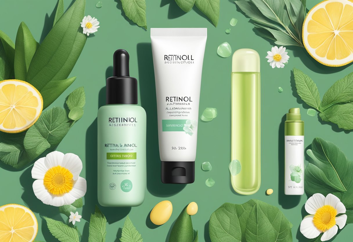 A tube of retinol sits discarded next to a serene, green bottle of alternative skincare, surrounded by botanical ingredients and a soft, natural glow