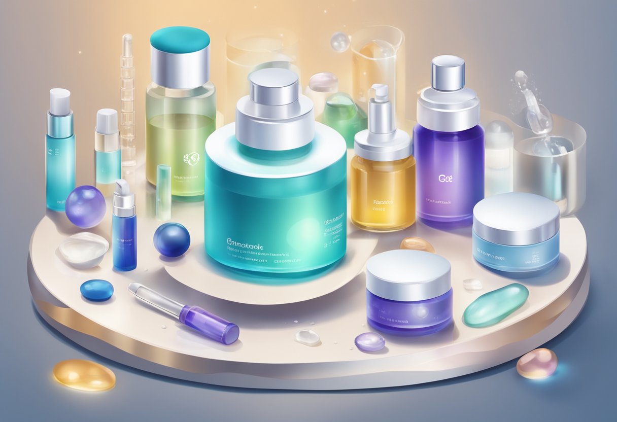 A laboratory setting with various skincare ingredients and products displayed, with a magnified image of a retinol molecule in the center