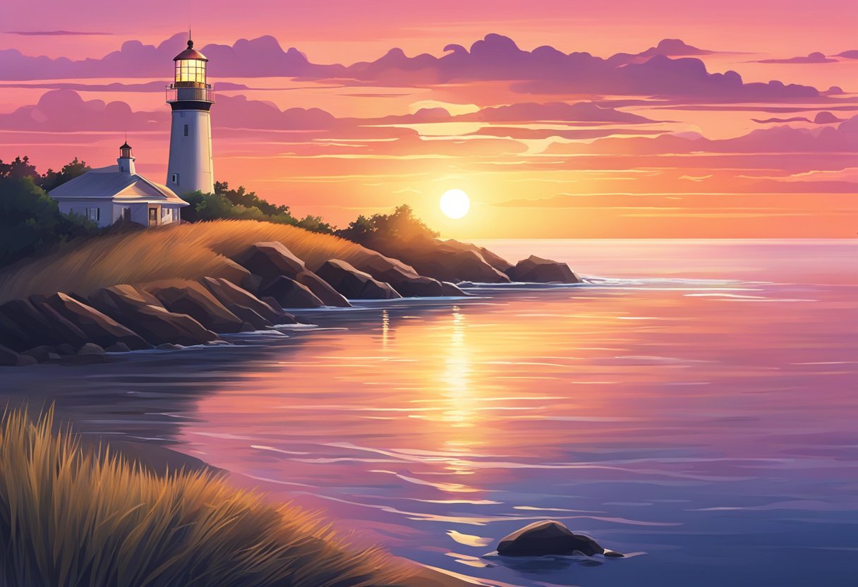 A vibrant sunset over a calm ocean, with a lighthouse casting a warm glow on the water's surface