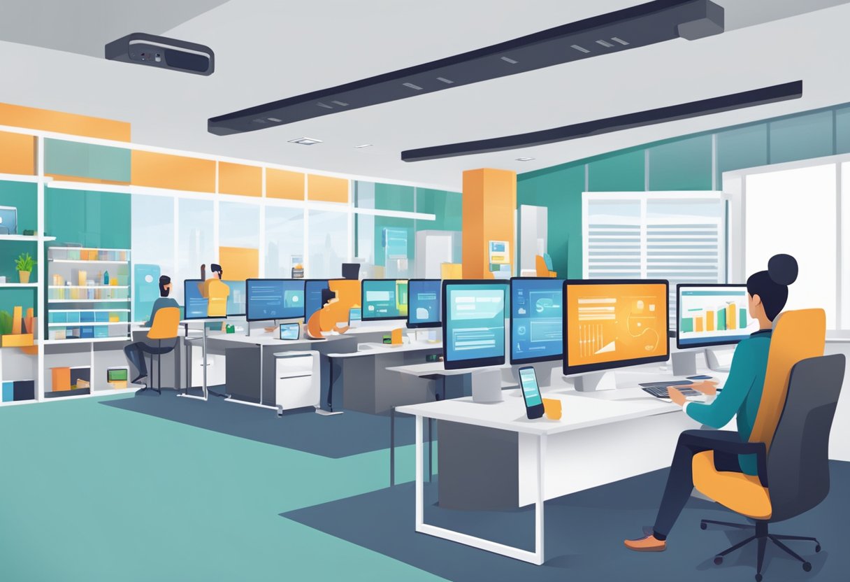 A modern digital marketing office with various technology devices and screens displaying successful customer retention strategies