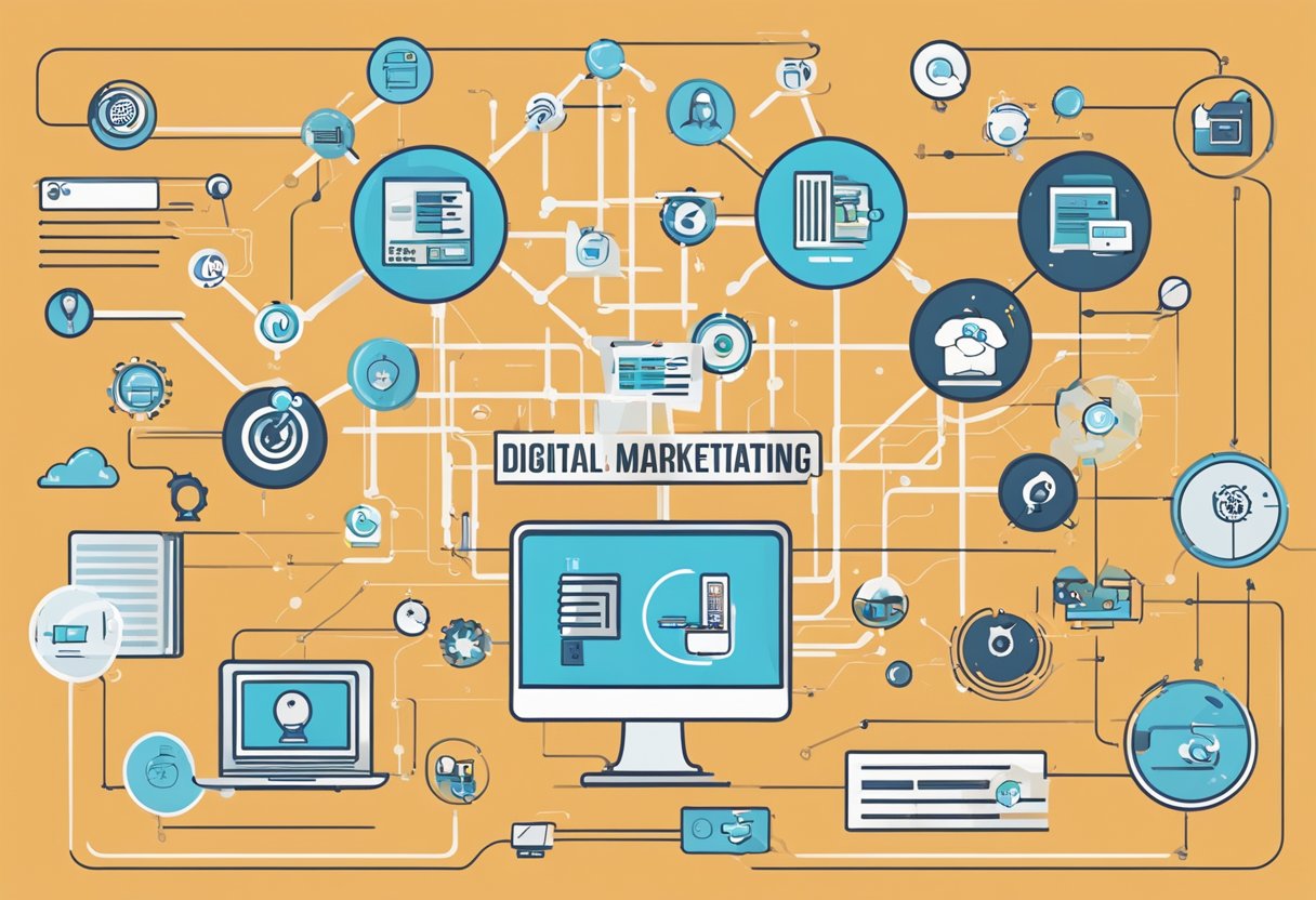 A digital marketing strategy infographic with icons representing various technology tools and customer retention methods