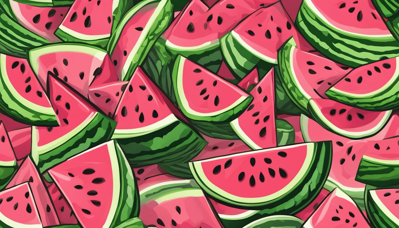 A ripe watermelon sliced open, revealing its vibrant pink flesh and dark seeds, surrounded by fresh green rind