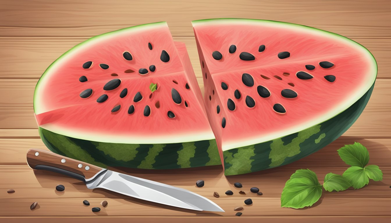 A ripe watermelon sliced open on a wooden cutting board, with a knife and scattered seeds