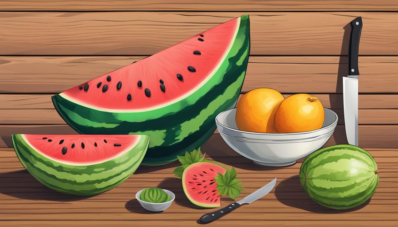 A watermelon on a wooden table with a knife and a bowl of fruit