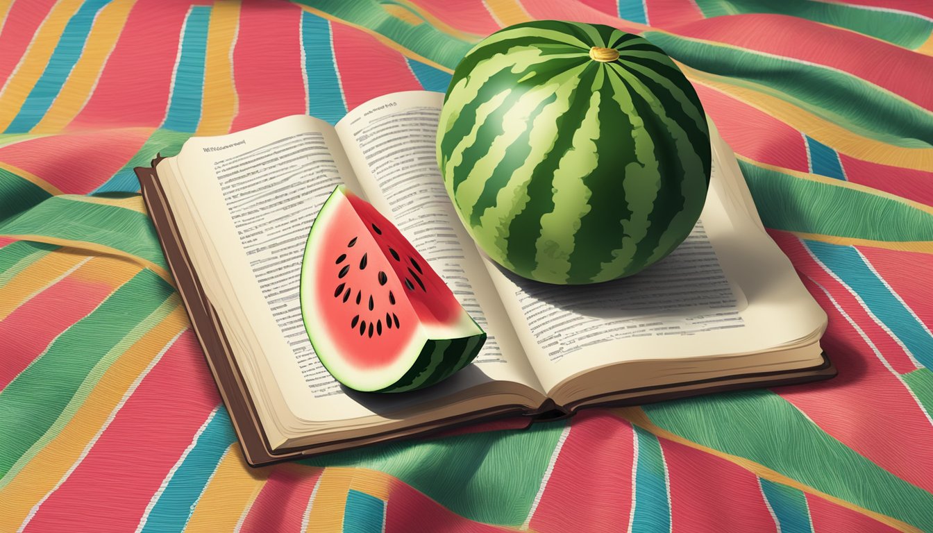 A watermelon placed on a colorful tablecloth with a Spanish dictionary nearby