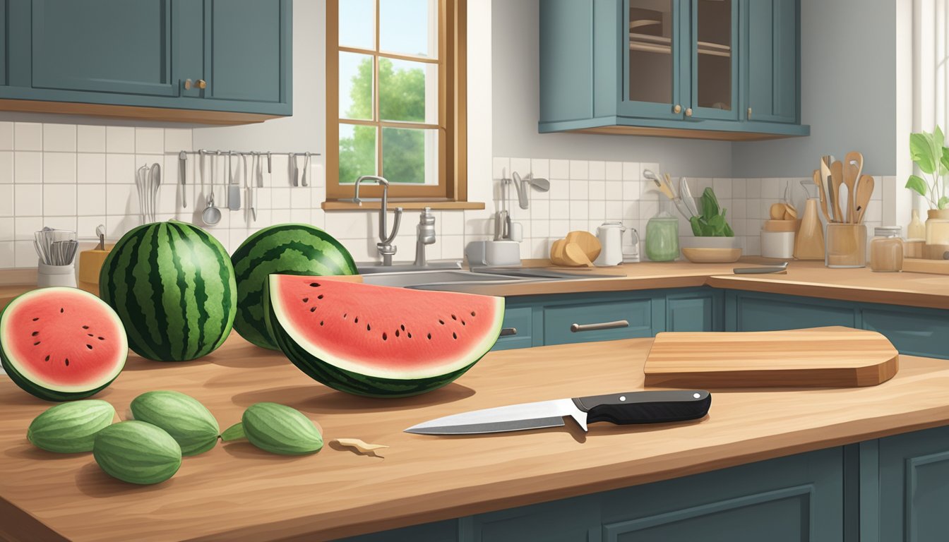 A clean, well-lit kitchen counter with a watermelon, cutting board, knife, and assorted carving tools laid out neatly