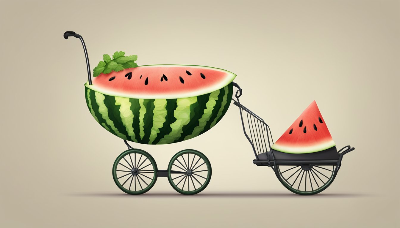 A watermelon being hollowed out and carved into a stroller shape, with wheels and a handle made from other fruits and vegetables