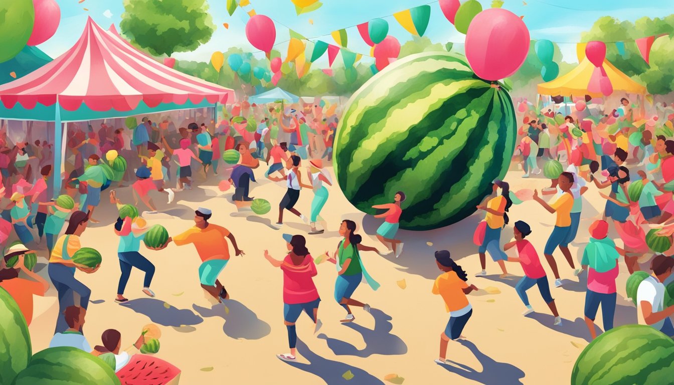 A colorful watermelon festival with people doing the watermelon crawl dance surrounded by watermelon-themed decorations and activities