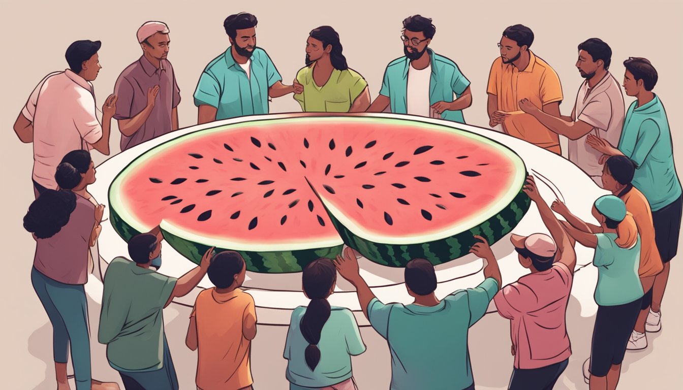 A group of people standing in a circle, tossing a watermelon to each other without dropping it