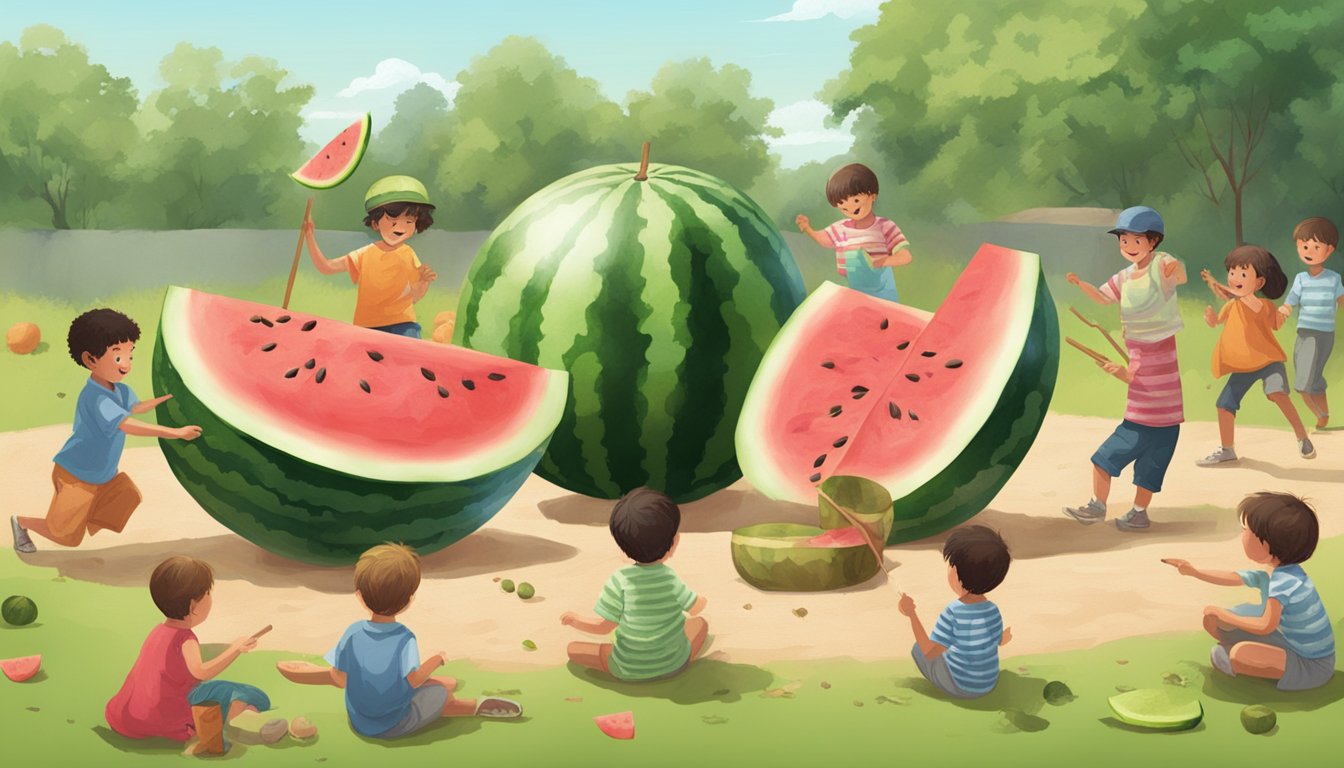 A watermelon split open with seeds scattered, surrounded by children playing a game with sticks and blindfolds