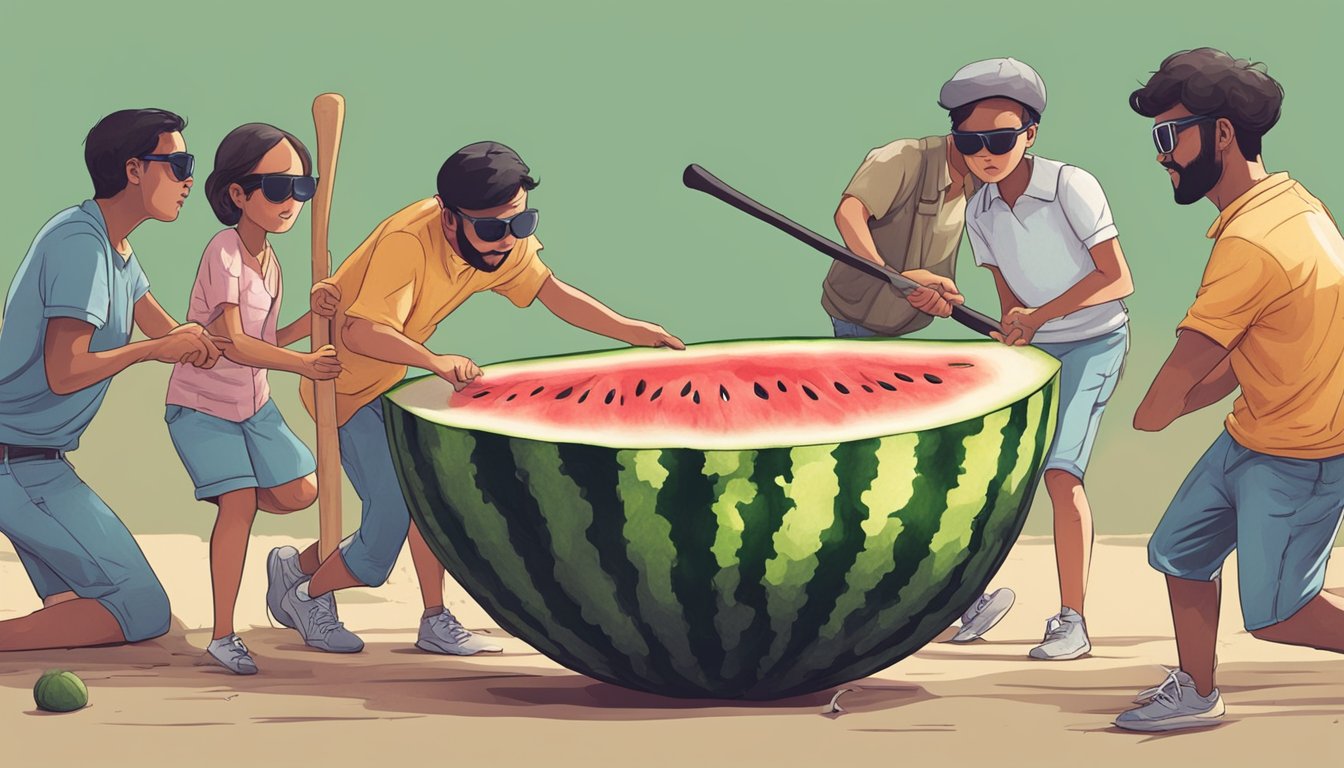 A group of people gathered around a large watermelon, taking turns wearing a blindfold and trying to smash it open with a stick