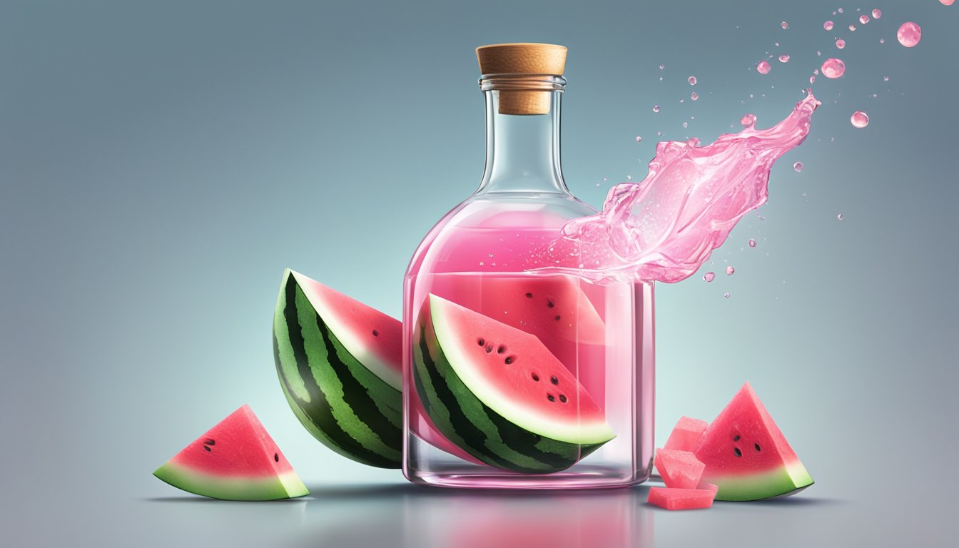 A clear glass bottle with a dropper dispenses a glowing pink liquid onto a sliced watermelon, creating a dewy effect