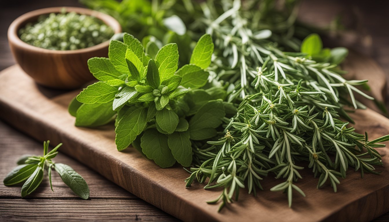 Freshly harvested medicinal herbs, like rosemary, thyme, and lemon balm, displayed on a wooden table, showcasing the benefits of homegrown herbs