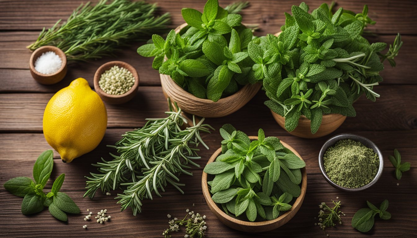 Freshly harvested medicinal herbs, like rosemary, thyme, and lemon balm, spread across a wooden table, showcasing the benefits of homegrown herbs