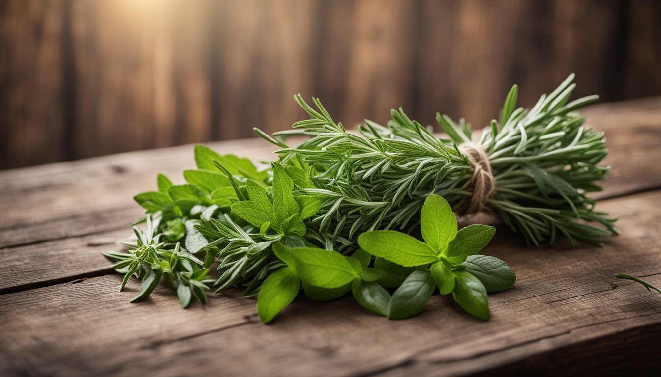 Freshly harvested medicinal herbs laid out on a wooden table, showcasing the bounty and benefits of homegrown herbs