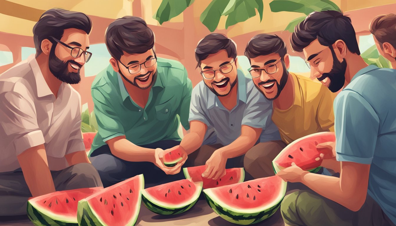 A group of people playing a watermelon game, using various techniques to win