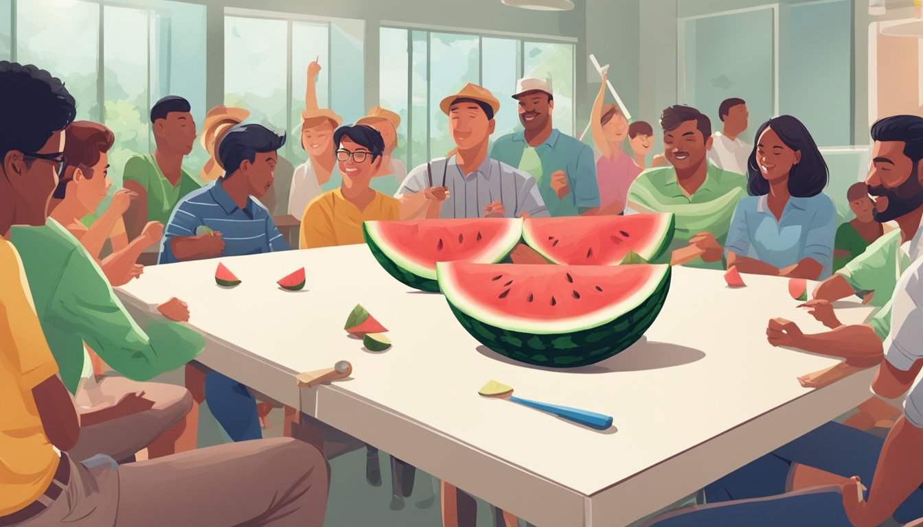 A watermelon sits on a table surrounded by a group of people. A person swings a bat, aiming to smash the watermelon and win the game