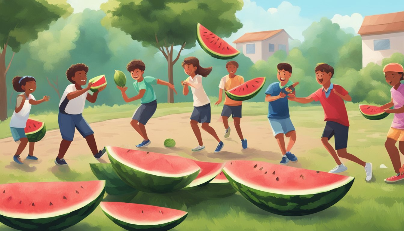 A group of people playing a watermelon game outdoors, with players competing to win by smashing watermelons with a stick