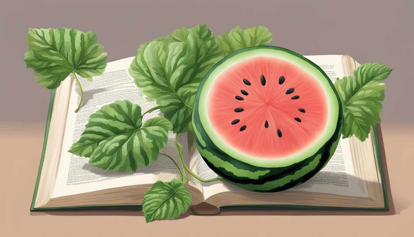 A watermelon plant with vibrant green leaves and tendrils, bearing a large, striped fruit. A French dictionary lies open nearby