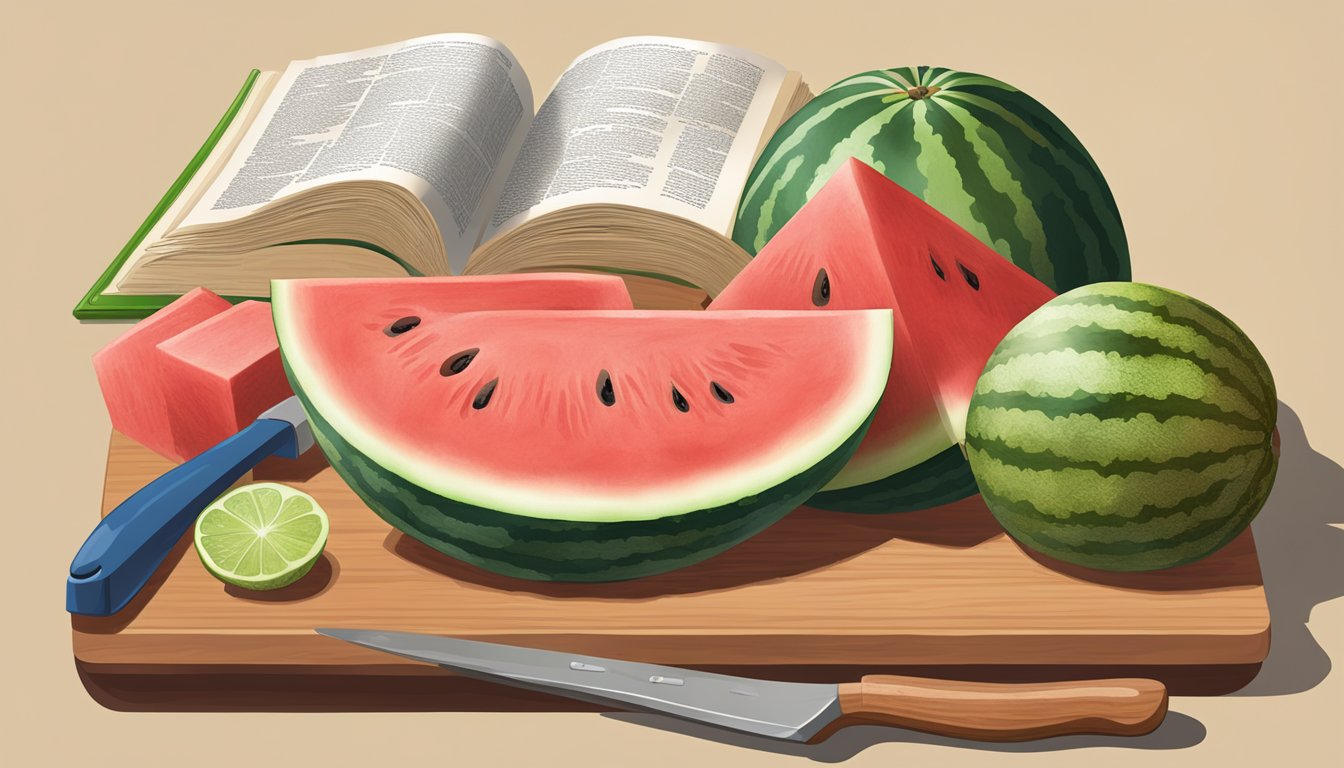 A watermelon being sliced on a cutting board with a French-English dictionary nearby