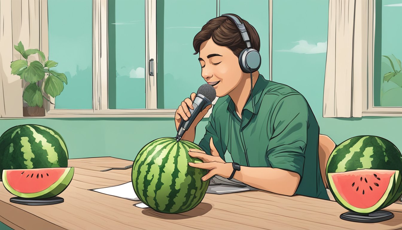 A person speaking into a microphone with a watermelon on a table