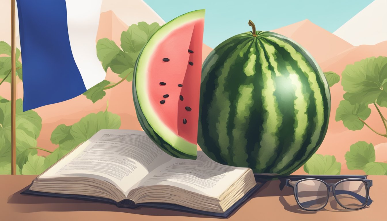 A watermelon next to a French flag and a dictionary