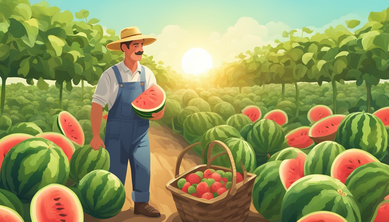 Lush watermelon vines in a sun-drenched field. A farmer with a straw hat and a basket of ripe fruit