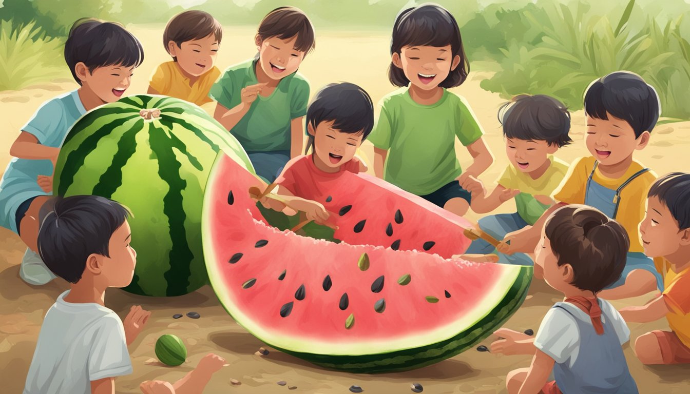 A watermelon split open with seeds scattered, surrounded by children playing a game with blindfolds and sticks