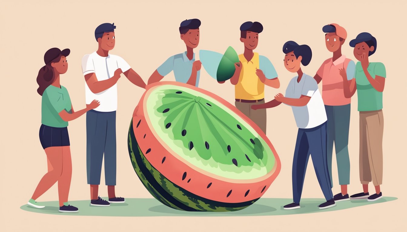 A group of participants gather around a large watermelon, preparing to play the watermelon game. They strategize and plan their approach to win the game