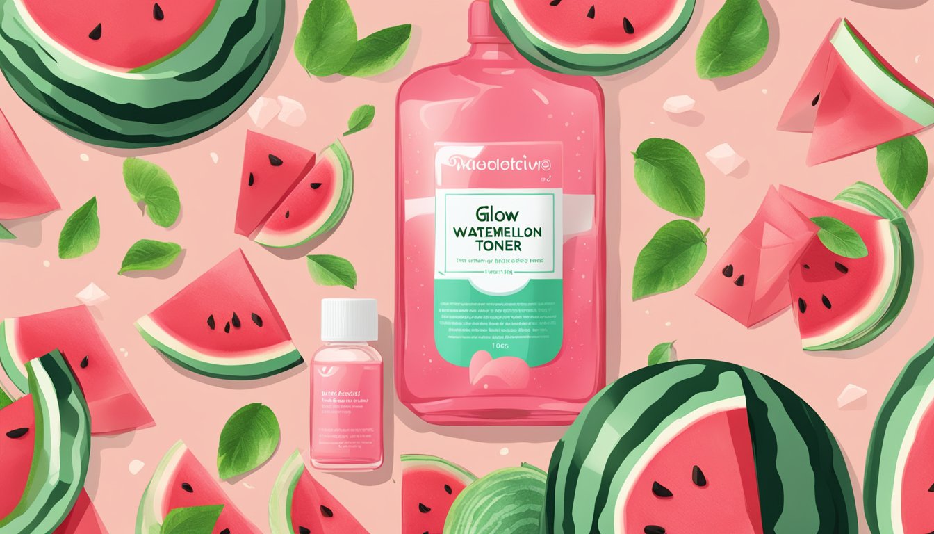 A bottle of Glow Recipe watermelon toner surrounded by fresh watermelon slices and a small card with instructions on how to use the product