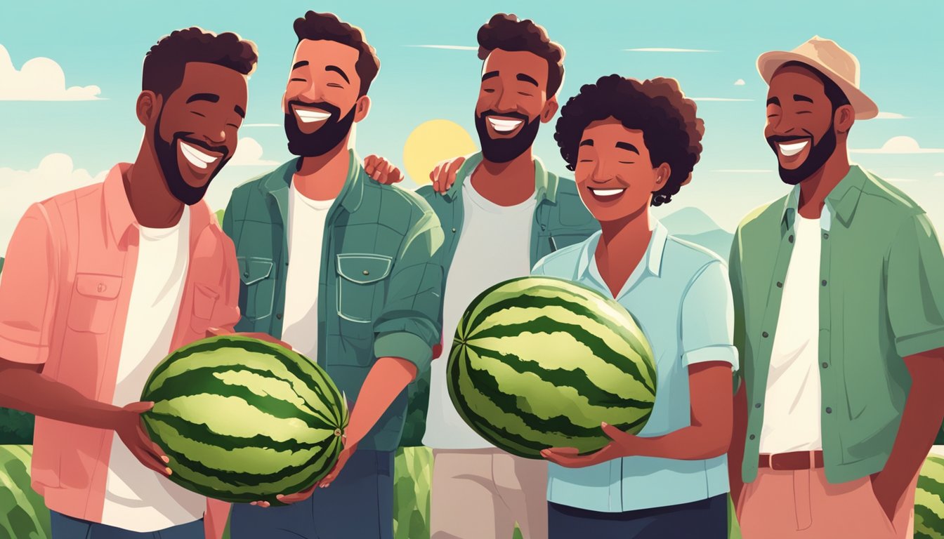 A group of people stand in a field, each holding a watermelon. They are smiling and laughing as they try to pass the watermelon to each other without dropping it