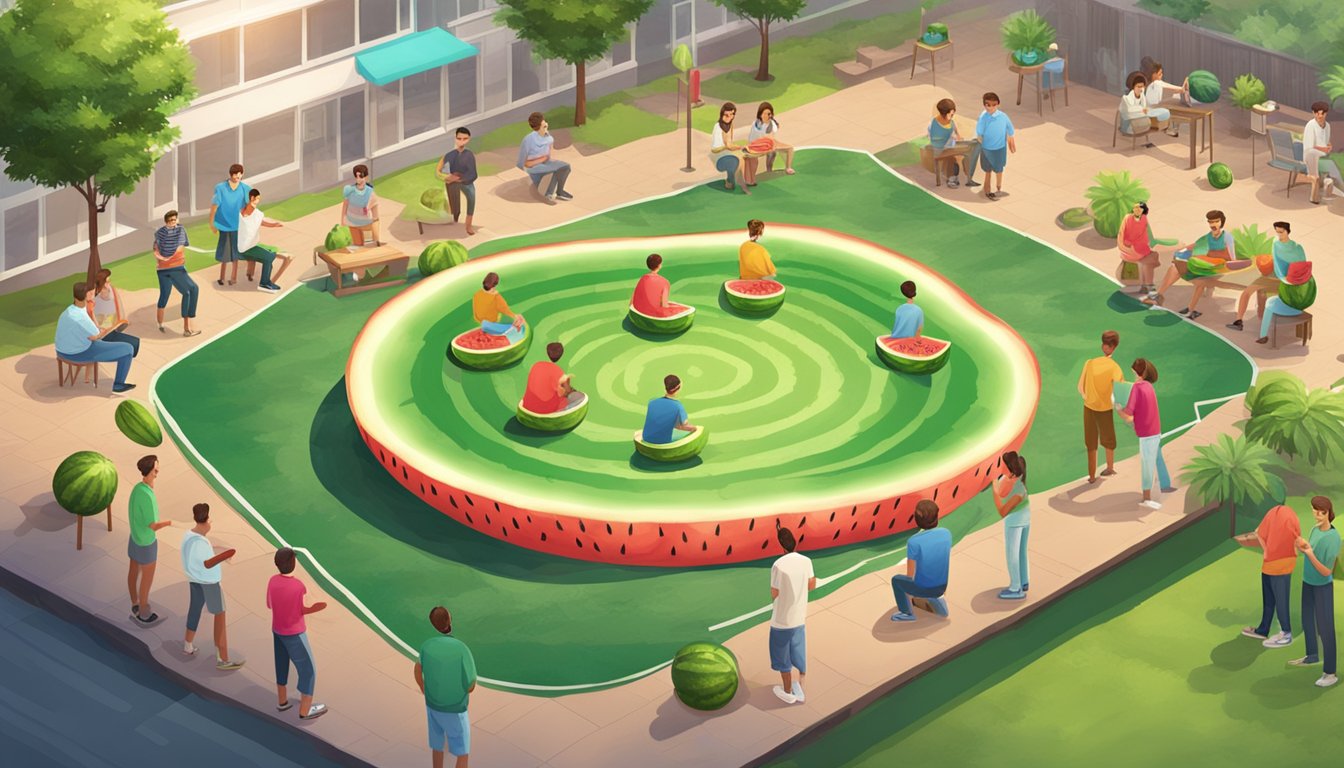 A group of people playing a watermelon game outdoors, with various platforms and game variations set up