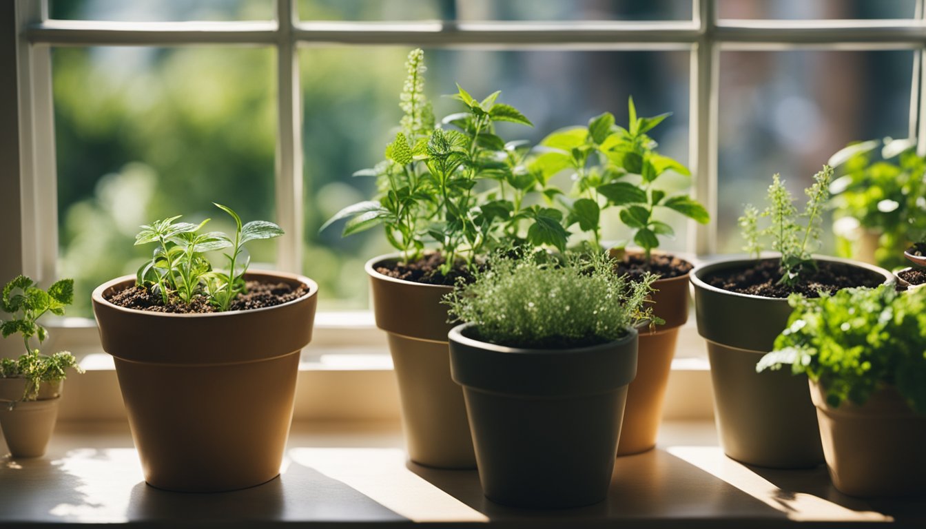 Various medicinal herbs grow in pots on a sunny windowsill