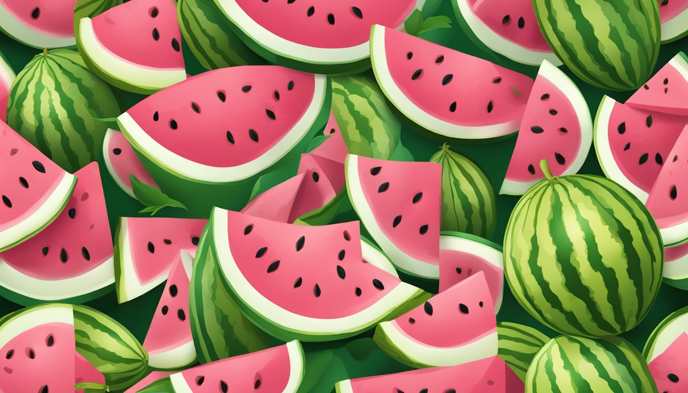 A ripe watermelon with a bright green rind and juicy pink flesh, surrounded by scattered seeds and a few scattered leaves