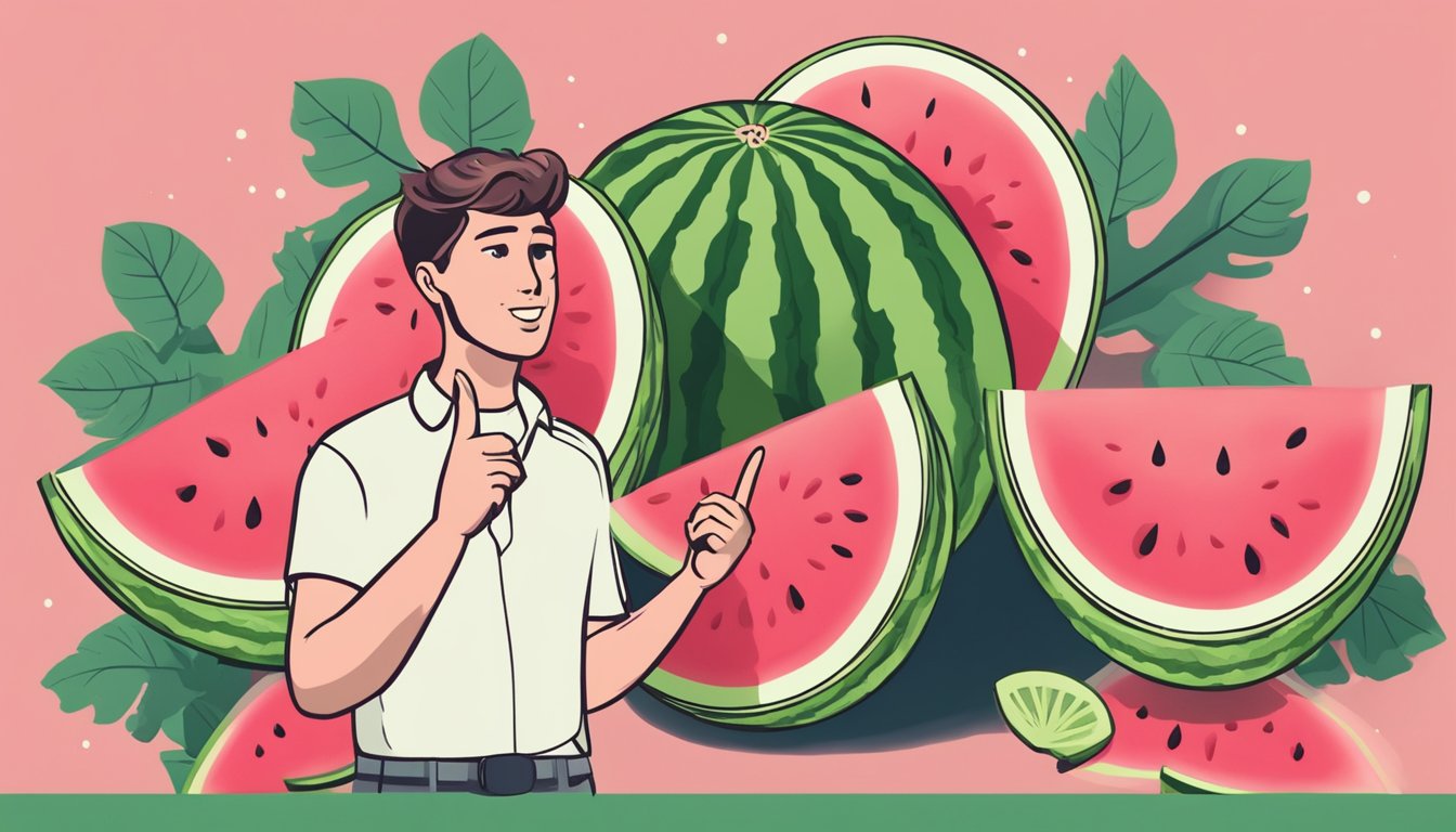 A person pointing to a watermelon with a thought bubble of watermelon slices