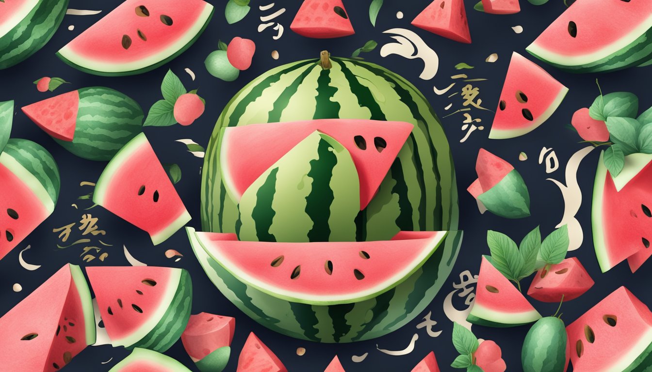 A juicy watermelon surrounded by Japanese calligraphy and traditional artwork