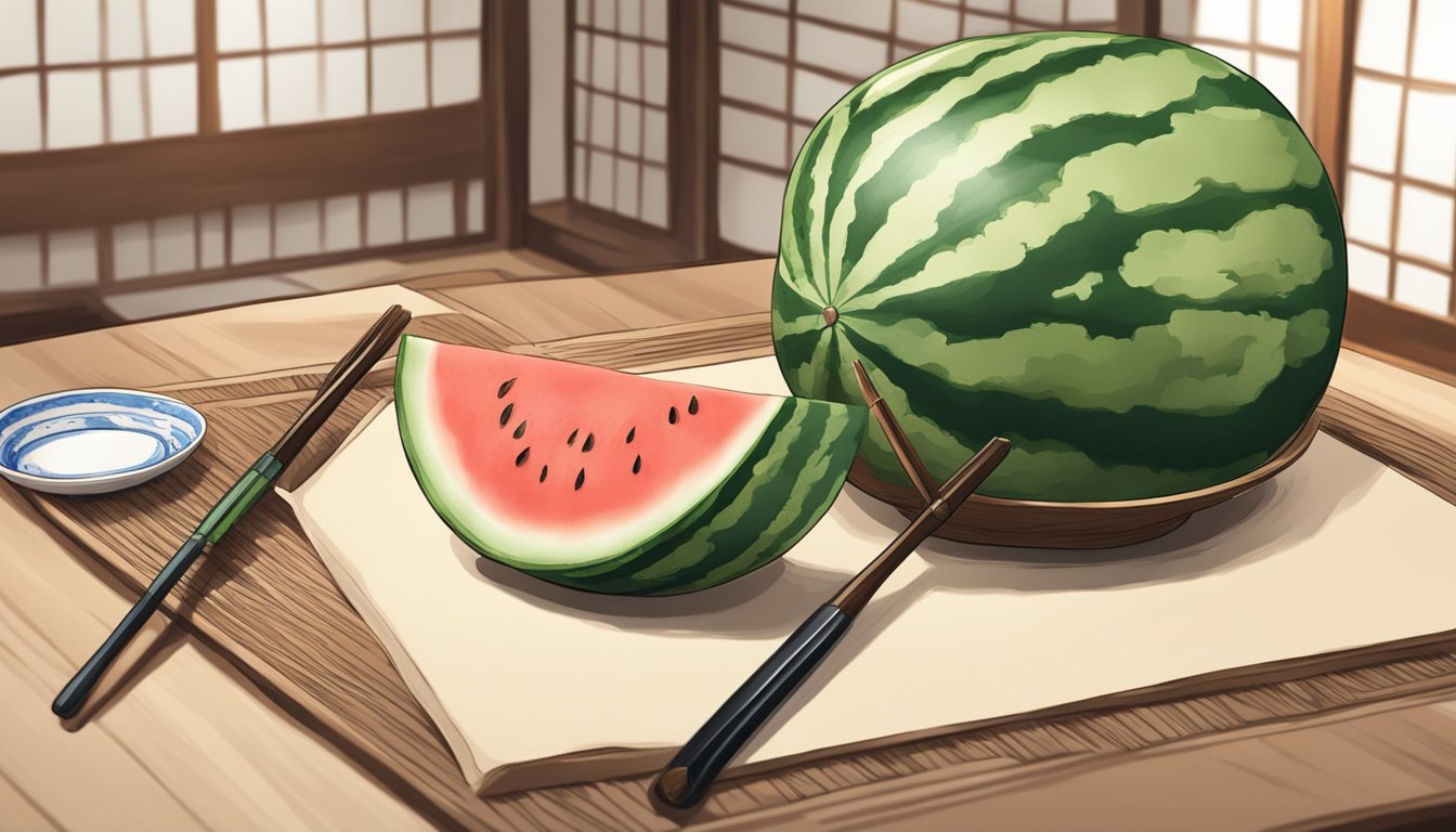 A watermelon placed on a traditional Japanese table with a calligraphy brush and ink nearby