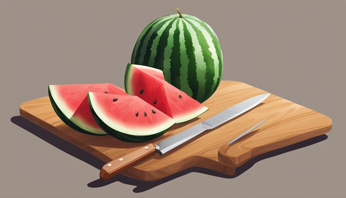 A watermelon sitting on a wooden cutting board with a knife next to it