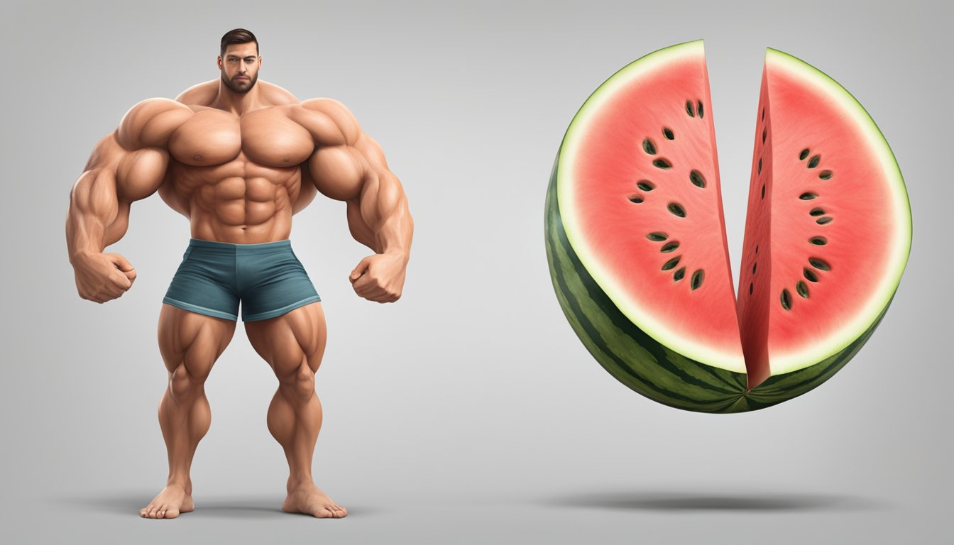 A watermelon placed between two muscular thighs, with tension and force evident in the muscles