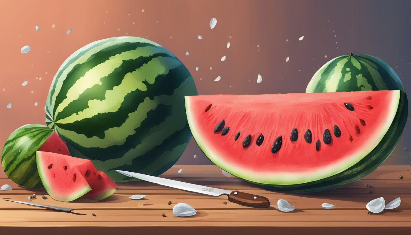 A watermelon half sits on a wooden table, surrounded by scattered seeds and a knife with red juice dripping from its blade