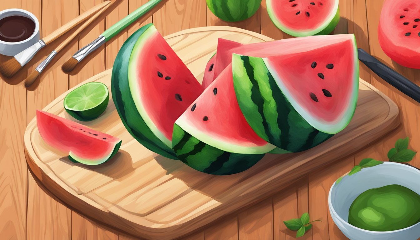 A watermelon slice on a wooden cutting board with a paintbrush and palette of vibrant red and green colors