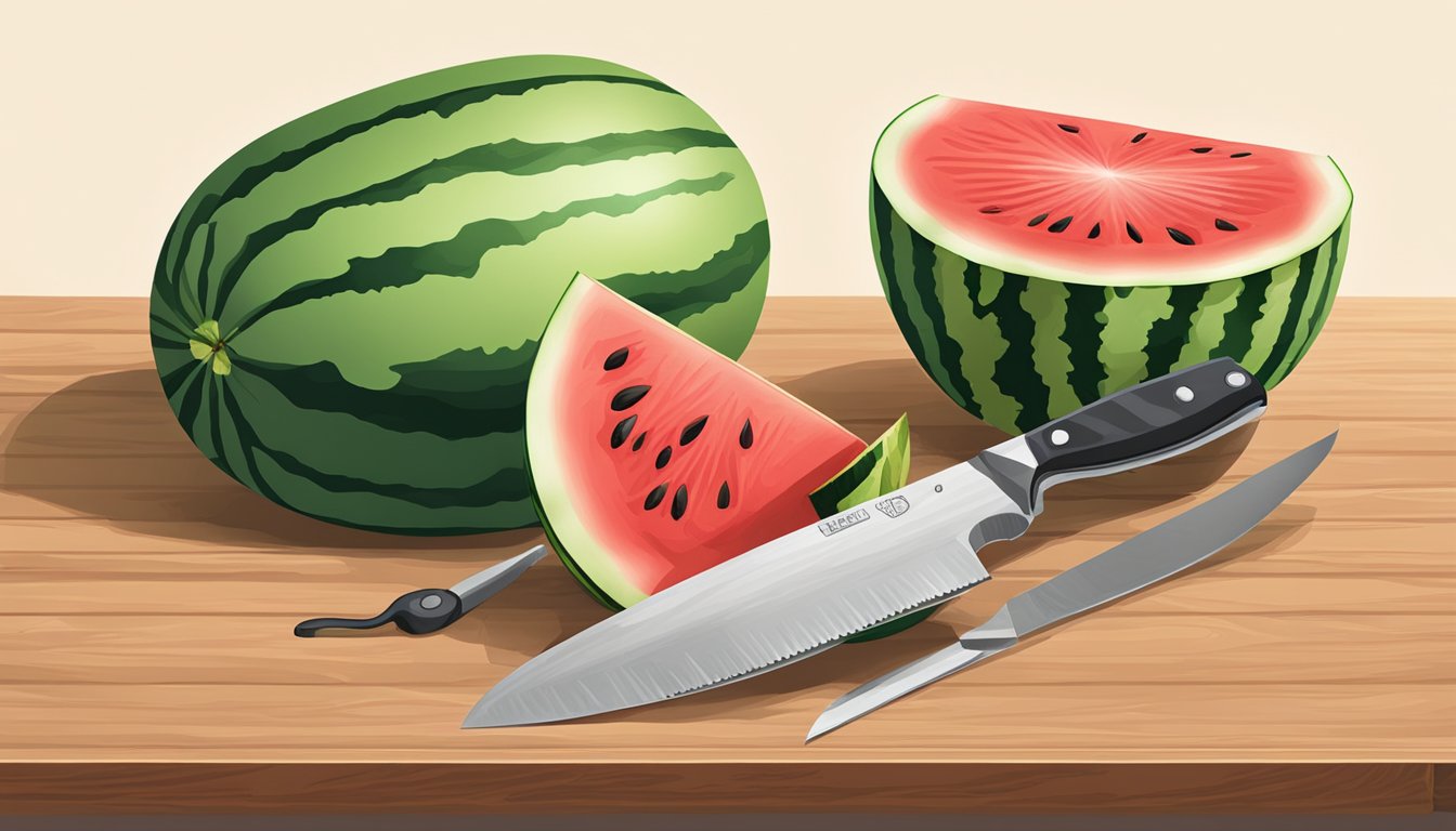 A watermelon being sliced open with a knife on a cutting board