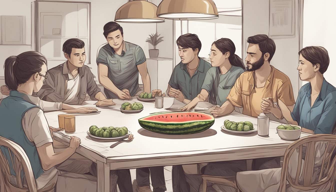 A group of people gather around a table with a watermelon in the center. Each person holds a spoon and eagerly prepares to dig into the fruit in a competitive manner