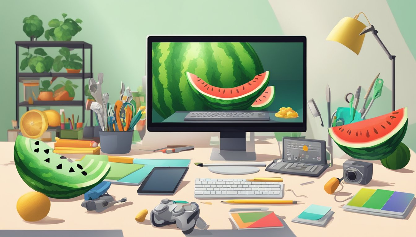 A watermelon game displayed on a screen with a question mark above it, surrounded by various tools and devices for troubleshooting