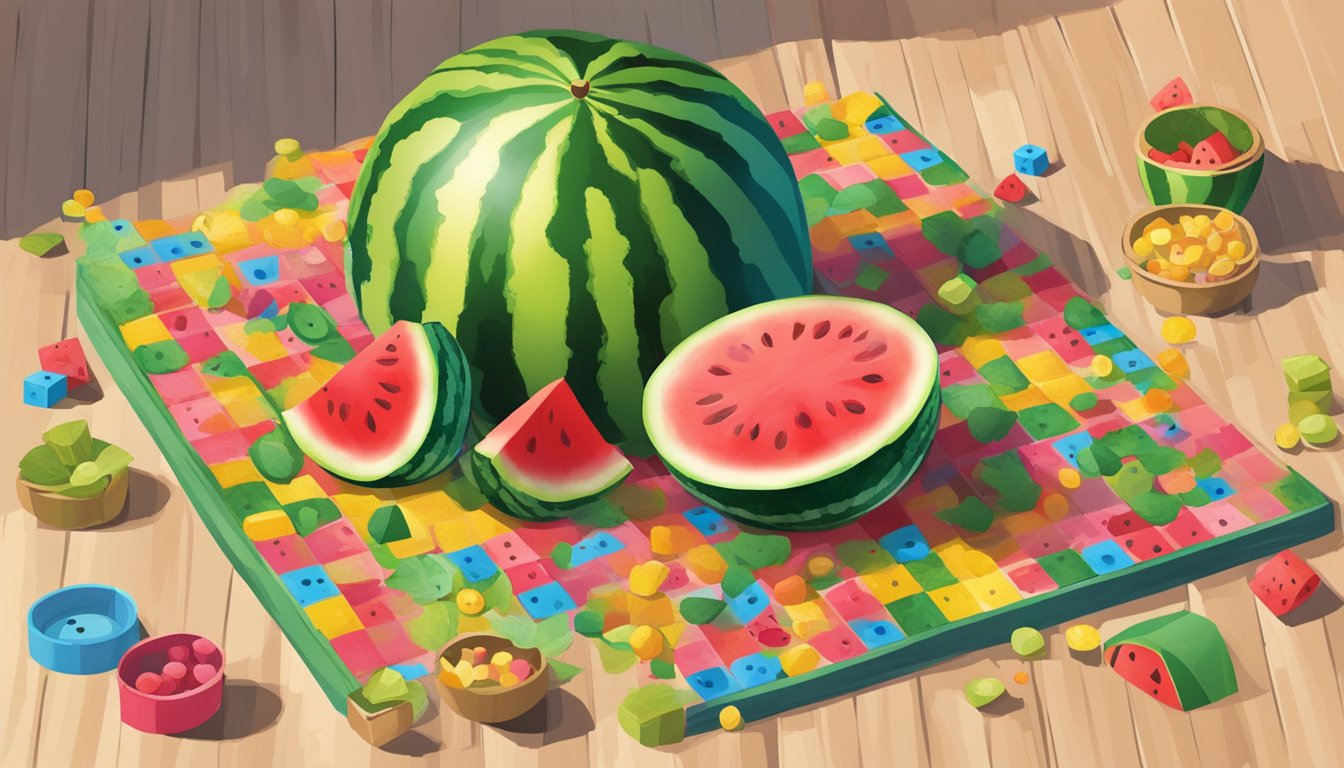 A watermelon patch with ripe fruit, a wooden crate, and a child's game board with colorful pieces scattered around