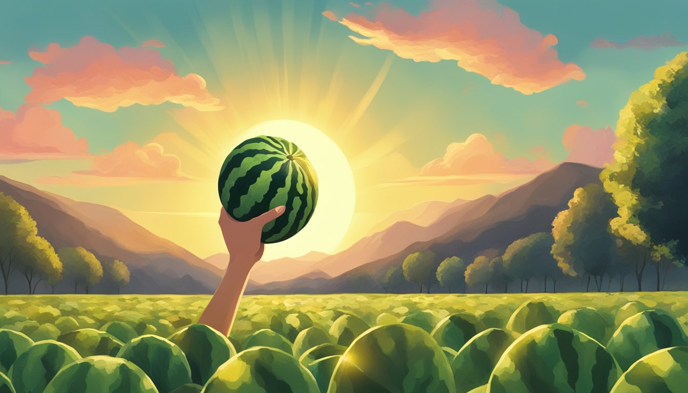 A hand reaching for a ripe watermelon in a lush green field. The sun shines down, casting a warm glow over the scene